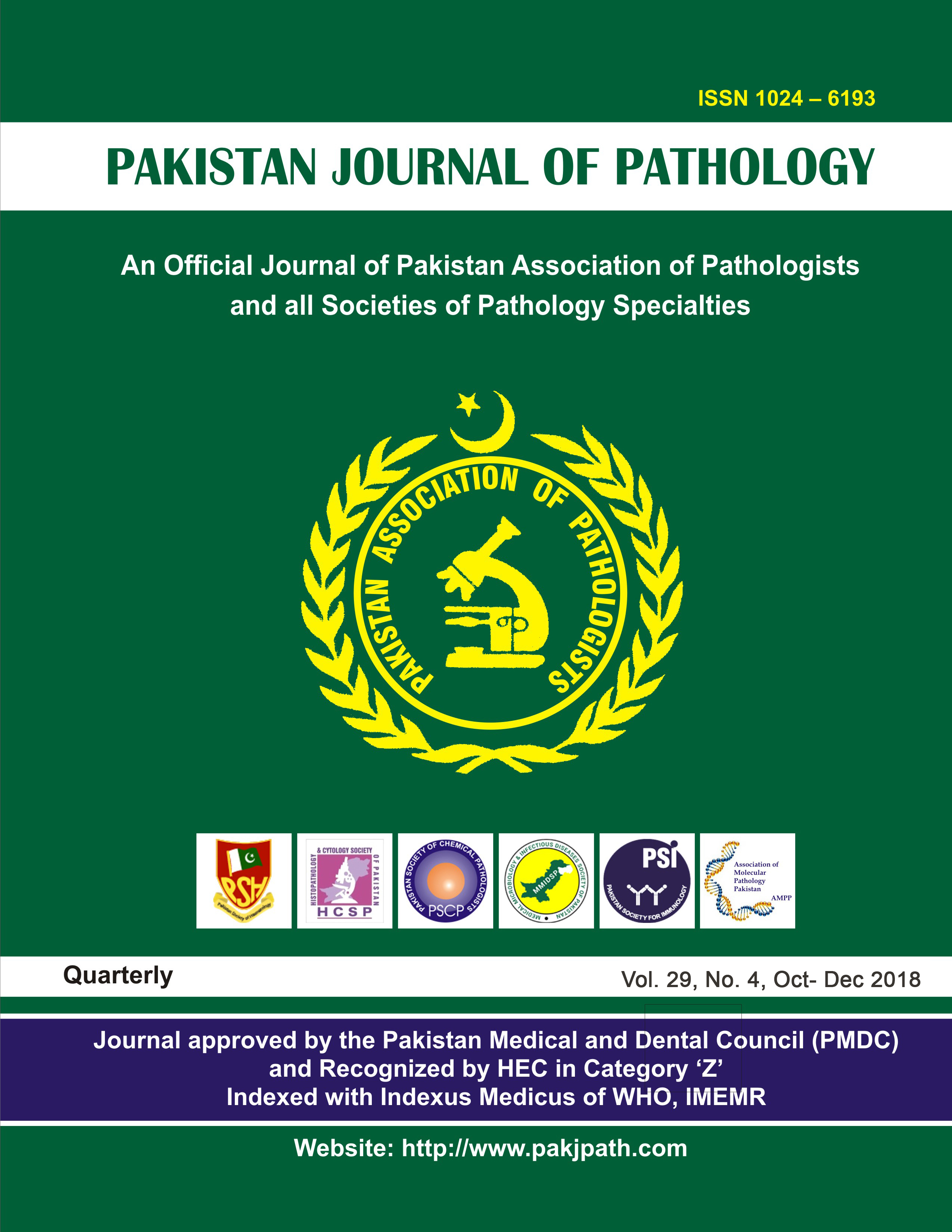 					View Vol. 29 No. 4 (2018): Pakistan Journal of Pathology
				
